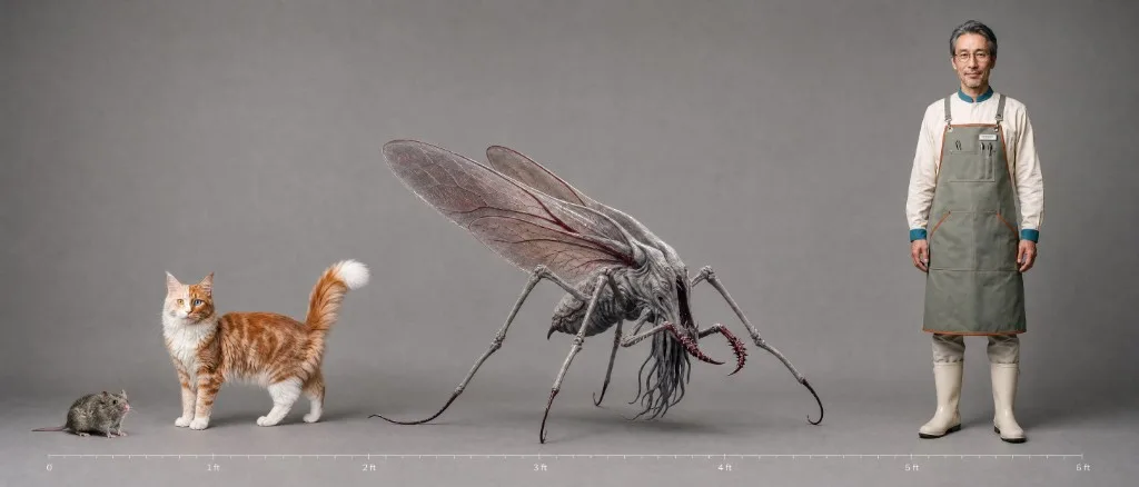 A mouse, the cat, a giant insect and the man on one scale