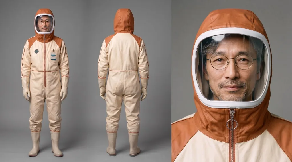 Turnaround of a man in a cream and orange suit